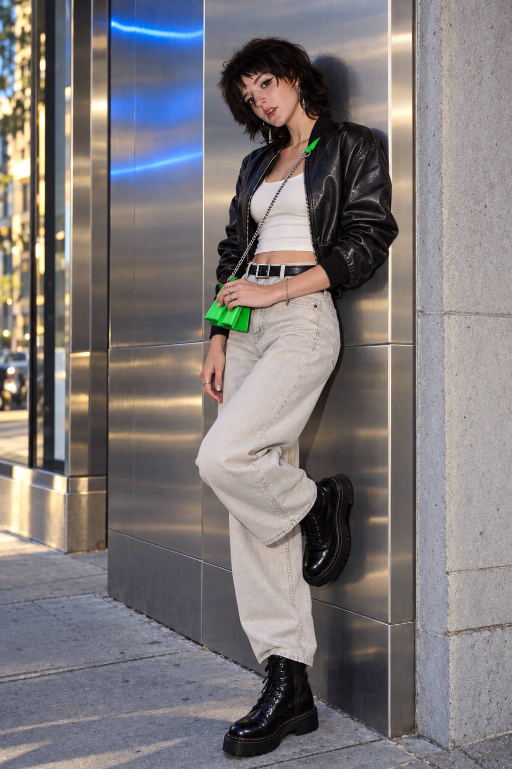 A bright green mini bag styled with a black jacket and city denim