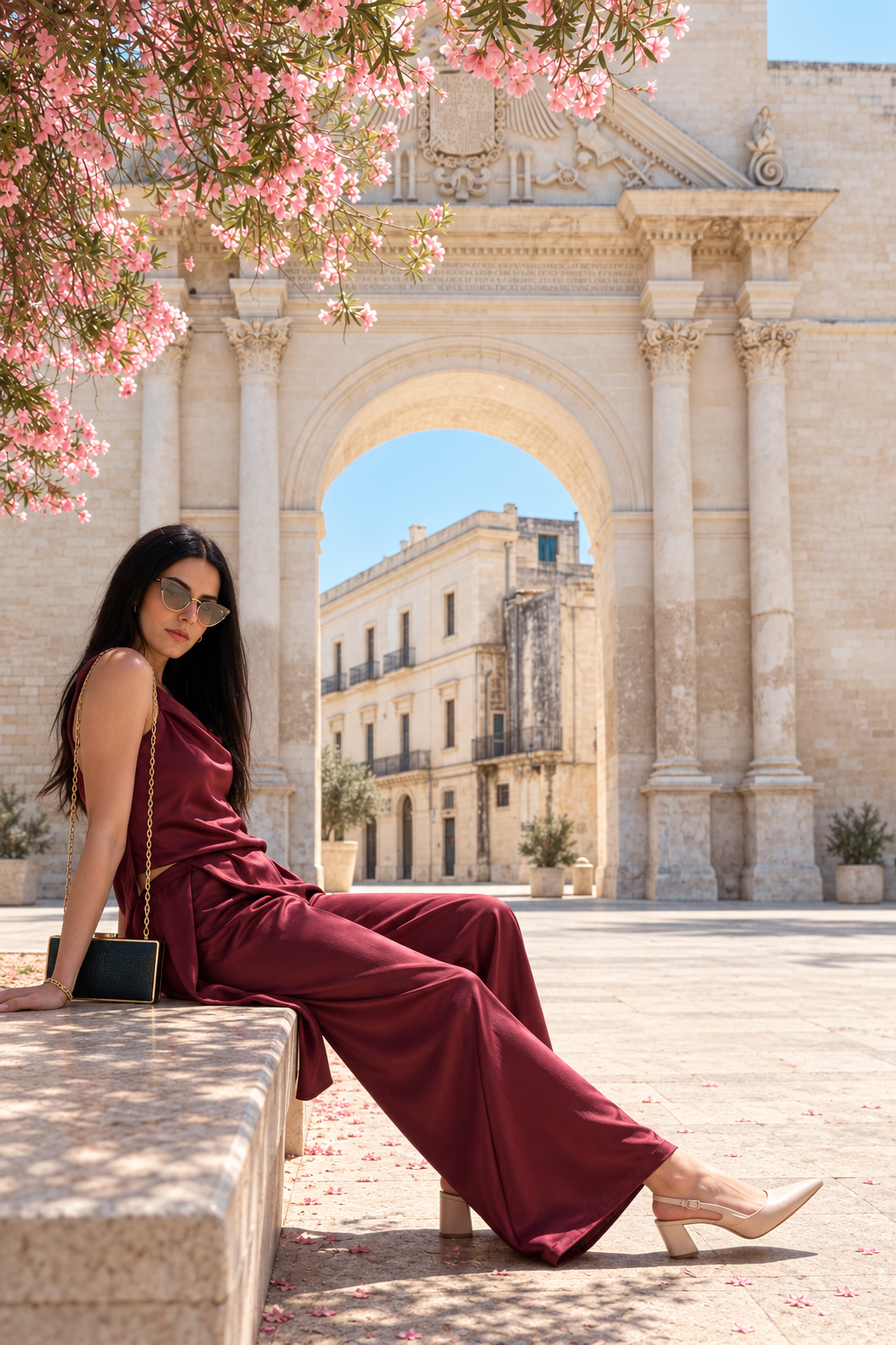 A black framed clutch paired with a burgundy dress beneath a sunlit arch